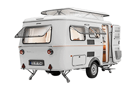 Side view of an ERIBA Touring 4 series caravan, displaying its design and extended profile