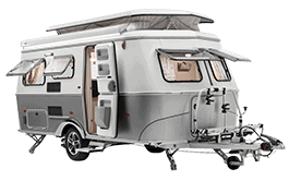 Side view of an ERIBA Touring 5 series caravan, illustrating its sophisticated design and spacious profile.