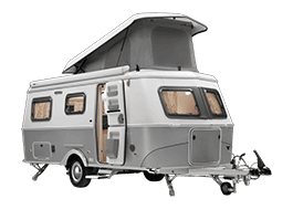 Side view of an ERIBA Touring 6 series caravan, highlighting its luxurious design and expansive profile.