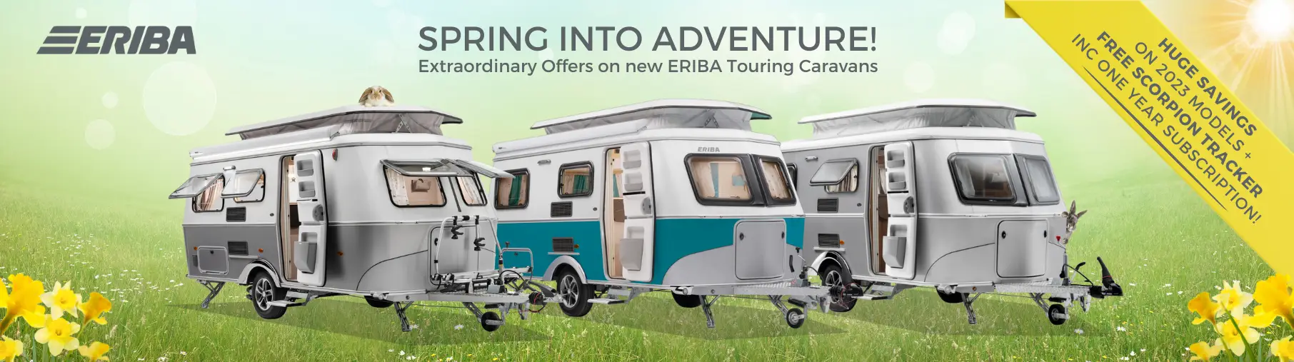 Eriba Touring Spring Into Adventure Offer Header showing three ERIBA Touring Caravans with a Spring background.